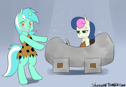 Size: 2472x1711 | Tagged: safe, artist:siberwar, bon bon, lyra heartstrings, sweetie drops, earth pony, pony, unicorn, 30 minute art challenge, bipedal, bon bon is not amused, car, cave ponies, cavemare, cross-popping veins, loincloth aside, prehistoric, square wheels, wacky races, wheel, you're doing it wrong