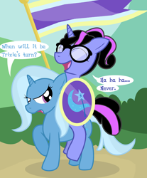 Size: 2000x2416 | Tagged: safe, artist:dazed-and-wandering, derpibooru import, trixie, oc, oc:pixelkitties, high res, riding