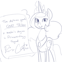 Size: 700x700 | Tagged: safe, artist:goat train, princess celestia, alicorn, pony, diploma, monochrome, simple background, solo