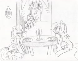 Size: 3000x2368 | Tagged: dead source, safe, artist:enigmaticfrustration, bon bon, derpy hooves, lyra heartstrings, roseluck, sweetie drops, pegasus, pony, angry, bon bon is not amused, candle, eating, female, flower, food, frown, glare, grin, gritted teeth, lesbian, looking up, lyraderp, mare, meal, monochrome, muffin, nervous, nom, rosebon, shipping, sitting, smirk, spread wings, sweat, table, television, traditional art, upside down, wide eyes