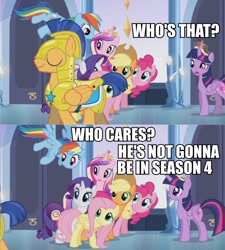 Size: 590x656 | Tagged: safe, applejack, flash sentry, fluttershy, pinkie pie, princess cadance, rainbow dash, rarity, twilight sparkle, twilight sparkle (alicorn), alicorn, equestria girls, season 4, armor, crown, equestria girls drama, hilarious in hindsight, image macro, mane six, op is trying to start shit, telling lies