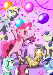 Size: 850x1194 | Tagged: safe, artist:chocolatechilla, derpibooru import, berry punch, berryshine, bon bon, derpy hooves, lyra heartstrings, minuette, pinkie pie, roseluck, sweetie drops, oc, earth pony, pegasus, pony, balloon, confetti, female, mare, streamers, surprise party