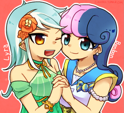 Size: 991x908 | Tagged: safe, artist:c-minded, bon bon, lyra heartstrings, sweetie drops, equestria girls, female, holding hands, human coloration, lesbian, lyrabon, shipping