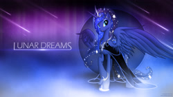 Size: 3840x2160 | Tagged: safe, artist:nemesis360, artist:romus91, princess luna, alicorn, pony, beautiful, clothes, crown, dress, female, mare, shooting star, shooting stars, solo, vector, wallpaper