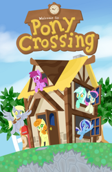Size: 1266x1941 | Tagged: safe, artist:fearingfun, berry punch, berryshine, bon bon, carrot top, derpy hooves, golden harvest, lyra heartstrings, minuette, sweetie drops, pegasus, pony, animal crossing, background six, crossover, female, grin, house, leaning, looking at you, mailbag, mare, raised hoof, smiling, waving