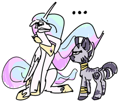 Size: 1280x1063 | Tagged: safe, artist:nobody, princess celestia, zecora, alicorn, pony, zebra, ..., floppy ears, frown, gritted teeth, looking at you, looking away, nervous, sitting, unamused, wide eyes