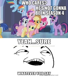 Size: 540x600 | Tagged: safe, applejack, flash sentry, fluttershy, pinkie pie, princess cadance, rainbow dash, rarity, twilight sparkle, equestria girls, season 4, caption, equestria girls drama, hilarious in hindsight, image macro, mane six, master ruseman, meme, op is a cuck, op is trying to start shit, op started shit, rage face