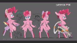 Size: 3000x1688 | Tagged: safe, artist:satv12, pinkie pie, pony, robot, robot pony, android, bipedal, concept art, lineless, solo, weapon