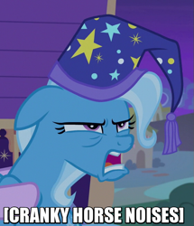 Size: 561x653 | Tagged: safe, derpibooru import, edit, edited screencap, screencap, starlight glimmer, trixie, pony, unicorn, to where and back again, annoyed, descriptive noise, faic, grumpy, hat, horse noises, image macro, meme, nightcap, trixie yells at everything, trixie's nightcap