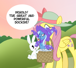 Size: 794x705 | Tagged: safe, artist:egophiliac, derpibooru import, angel bunny, fluttershy, trixie, pegasus, pony, basket, clothes, egg, hat, pony in a basket, socks, trixie's cape, trixie's hat