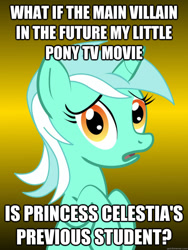 Size: 625x833 | Tagged: safe, lyra heartstrings, pony, unicorn, equestria girls, conspiracy lyra, exploitable meme, female, green coat, hilarious in hindsight, horn, implied sunset shimmer, it happened, looking at you, lyra got it right, mare, meme, movie, open mouth, simple background, solo, text, two toned mane