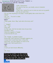 Size: 546x646 | Tagged: safe, princess celestia, /mlp/, 4chan, anon in equestria, greentext, rejection, rejection is magic, sad, text, wall of text