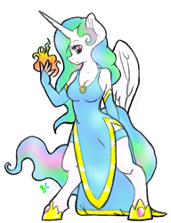 Size: 425x553 | Tagged: safe, artist:bunnycat, princess celestia, alicorn, anthro, unguligrade anthro, clothes, dress, garters, gem, hooves, jewels, magic, shoes, solo, standing