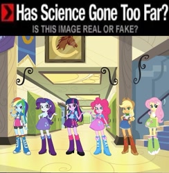 Size: 697x713 | Tagged: safe, applejack, fluttershy, pinkie pie, rainbow dash, rarity, twilight sparkle, equestria girls, equestria girls (movie), clothes, equestria girls drama, has science gone too far?, hat, mane six, skirt