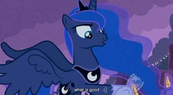 Size: 844x467 | Tagged: safe, artist:erictomato, screencap, princess luna, alicorn, pony, luna eclipsed, all new, hub logo, meme, solo, youtube caption