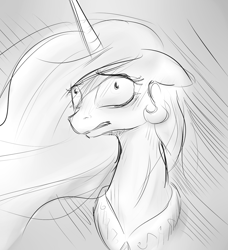 Size: 1280x1405 | Tagged: safe, artist:nobody, princess celestia, alicorn, pony, floppy ears, gritted teeth, monochrome, scared, solo, wide eyes