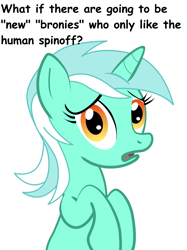 Size: 2000x2667 | Tagged: safe, lyra heartstrings, pony, unicorn, equestria girls, comic sans, conspiracy lyra, equestria girls drama, exploitable meme, female, green coat, hilarious in hindsight, horn, looking at you, mare, meme, open mouth, simple background, solo, text, two toned mane