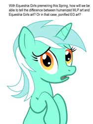 Size: 900x1200 | Tagged: safe, lyra heartstrings, pony, unicorn, equestria girls, conspiracy lyra, drama, equestria girls drama, exploitable meme, female, green coat, horn, looking at you, mare, meme, open mouth, simple background, solo, text, two toned mane
