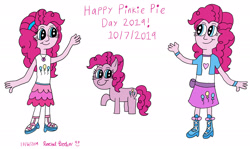 Size: 3000x1792 | Tagged: safe, artist:royalsmurf, artist:smurfettyblue, pinkie pie, earth pony, pony, better together, equestria girls, human ponidox, multeity, pink text, pinkie pie day, self ponidox, simple background, too much pink energy is dangerous, white background