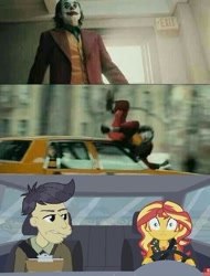 Size: 480x633 | Tagged: safe, edit, screencap, cranky doodle donkey, sunset shimmer, human, better together, driving miss shimmer, equestria girls, arthur fleck, car, car accident, irl, irl human, joker (2019), joker hit by car, photo, the joker