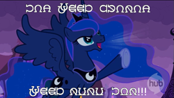 Size: 633x357 | Tagged: safe, edit, edited screencap, screencap, princess luna, alicorn, pony, luna eclipsed, nightmare night, pony font, solo, traditional royal canterlot voice, universal greeting, yelling