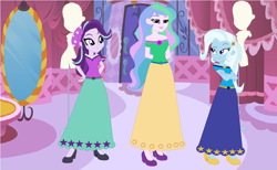 Size: 1120x690 | Tagged: safe, artist:starman1999, princess celestia, starlight glimmer, trixie, equestria girls, base used, clothes, long skirt, skirt