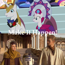 Size: 600x600 | Tagged: safe, duchess of maretonia, ice mirror, prince blueblood, princess cadance, princess celestia, princess luna, alicorn, pony, anakin skywalker, exploitable meme, make it happen, meme, padme amidala, r2-d2, star wars