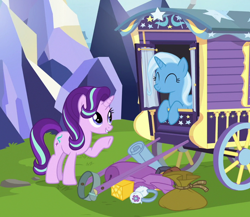 Size: 780x677 | Tagged: safe, derpibooru import, screencap, starlight glimmer, trixie, pony, unicorn, to where and back again, cropped, cute, diatrixes, duo, eyes closed, female, happy, mare, raised hoof, trixie's wagon