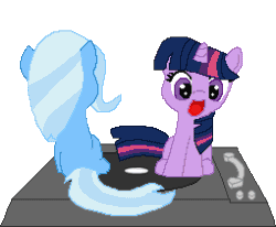 Size: 255x210 | Tagged: safe, artist:tomdantherock, derpibooru import, trixie, twilight sparkle, animated, cute, diatrixes, filly, happy, record player, simple background, spinning, transparent background, turntable pony, twiabetes, you spin me right round