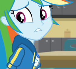 Size: 1187x1080 | Tagged: safe, screencap, rainbow dash, equestria girls, equestria girls series, schedule swap, spoiler:eqg series (season 2), anxiety, canterlot high, classroom, clothes, cropped, female, geode of super speed, jacket, magical geodes, solo, worried
