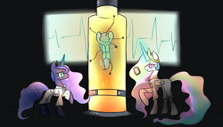 Size: 1400x800 | Tagged: safe, artist:joycall6, princess celestia, princess luna, alicorn, pony, clothes, lab coat, science