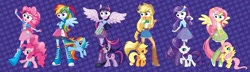 Size: 2048x593 | Tagged: safe, edit, applejack, fluttershy, pinkie pie, rainbow dash, rarity, twilight sparkle, equestria girls, line-up, mane six, special eyes