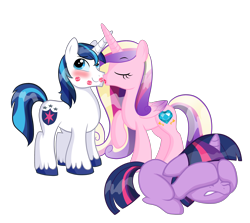 Size: 2800x2500 | Tagged: safe, artist:mellonshow, princess cadance, shining armor, twilight sparkle, alicorn, pony, unicorn, blushing, female, filly, kiss mark, kissing, lipstick, male, shiningcadance, shipping, straight