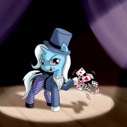 Size: 800x800 | Tagged: safe, artist:fadri, derpibooru import, discord, trixie, pony, unicorn, card, clothes, cosplay, female, fishnet stockings, gloves, hat, hoof gloves, magic trick, magic wand, magician, mare, solo, spotlight, stage, tailcoat, top hat, zatanna