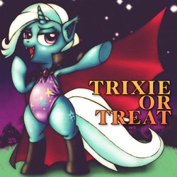 Size: 1280x1280 | Tagged: safe, artist:remyroez, derpibooru import, trixie, pony, unicorn, vampire, vampony, armpits, bipedal, clothes, costume, halloween, leotard, magician outfit, nightmare night, nightmare night costume, solo, trick or treat