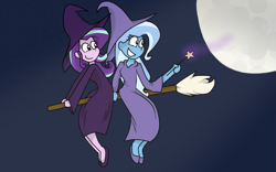 Size: 827x515 | Tagged: safe, artist:rozzertrask, derpibooru import, starlight glimmer, trixie, equestria girls, broom, equestria girls-ified, flying, flying broomstick, full moon, hat, magic, moon, night, night sky, sitting, smiling, stars, wand, witch, witch hat