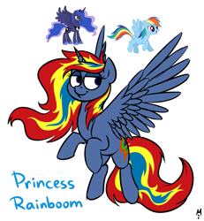 Size: 1015x1100 | Tagged: safe, artist:milchik, princess luna, rainbow dash, oc, oc:princess rainboom, alicorn, pony, alicorn oc, fusion