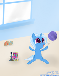 Size: 700x900 | Tagged: safe, artist:allpowerfultrixie, artist:mikoruthehedgehog, derpibooru import, trixie, ball, filly, happy, toy, train