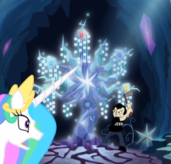 Size: 600x573 | Tagged: safe, artist:azdaracylius, princess celestia, alicorn, pony, axe, dan, dan vs, glass, tree of harmony, weapon