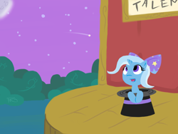 Size: 1600x1200 | Tagged: safe, artist:therelicofowls, derpibooru import, trixie, bow, cute, diatrixes, filly, happy, hat, stage, top hat