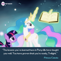 Size: 549x548 | Tagged: safe, edit, edited screencap, screencap, princess celestia, twilight sparkle, alicorn, pony, unicorn, magical mystery cure, book, duo, ethereal mane, facebook, female, magic, mare, princess celestia's special princess making dimension, quote, telekinesis, the hub