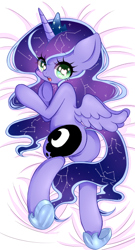 Size: 350x650 | Tagged: safe, artist:yuzuko, princess luna, alicorn, pony, bedsheets, blushing, body pillow, body pillow design, cute, ethereal mane, female, filly, galaxy mane, heart eyes, looking at you, looking back, looking back at you, lunabetes, moonbutt, open mouth, pixiv, plot, rear view, solo, spread wings, underhoof, wingding eyes, wings, woona, younger