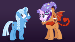 Size: 1920x1080 | Tagged: safe, artist:ohitison, derpibooru import, starlight glimmer, trixie, manticore, pony, unicorn, clothes, costume, equal cutie mark, exploitable meme, i didn't listen, meme