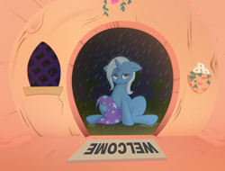 Size: 5000x3800 | Tagged: safe, artist:joey darkmeat, artist:yanoda, derpibooru import, trixie, pony, unicorn, door, doorway, female, homeless, mare, rain, sad, solo