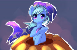 Size: 5950x3850 | Tagged: safe, artist:kawaiipony2, derpibooru import, trixie, pony, unicorn, absurd resolution, happy halloween, pumpkin, signature, solo, trixie's cape, trixie's hat