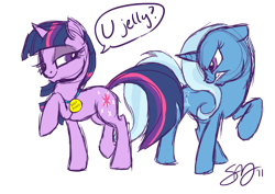 Size: 1204x853 | Tagged: safe, artist:probablyfakeblonde, derpibooru import, trixie, twilight sparkle, pony, unicorn, angry, dialogue, medal, raised hoof, signature, simple background, smug, transparent background