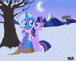 Size: 2785x2220 | Tagged: safe, artist:willisninety-six, derpibooru import, trixie, twilight sparkle, clothes, female, high res, lesbian, moon, scarf, shipping, snow, snowfall, twixie, winter