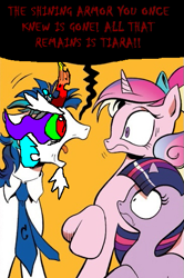 Size: 365x549 | Tagged: safe, princess cadance, shining armor, twilight sparkle, alicorn, pony, unicorn, spoiler:comic, exploitable meme, meme, possessed, screaming armor, tiara ultima