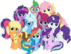 Size: 1024x781 | Tagged: safe, artist:bezziie, derpibooru import, applejack, fluttershy, pinkie pie, rainbow dash, rarity, spike, starlight glimmer, trixie, twilight sparkle, twilight sparkle (alicorn), alicorn, dragon, earth pony, pegasus, pony, unicorn, alternate universe, mane six, watermark