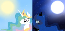 Size: 6200x3000 | Tagged: safe, artist:igorlanka, princess celestia, princess luna, alicorn, pony, back to back, moon, starry night, sun